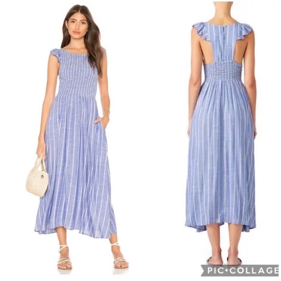 Free People Chambray Striped Dress Medium Pastel Blue Smocked Waist Ruffle Boho - Picture 1 of 16